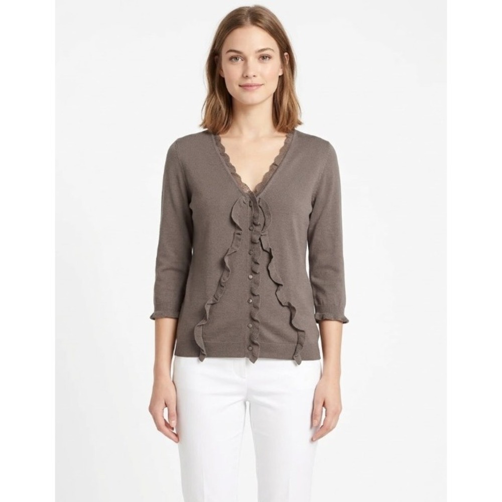 New Ann Taylor Large Brown 100% Merino Wool Ruffle 3/4 Sleeve Cardigan Preppy